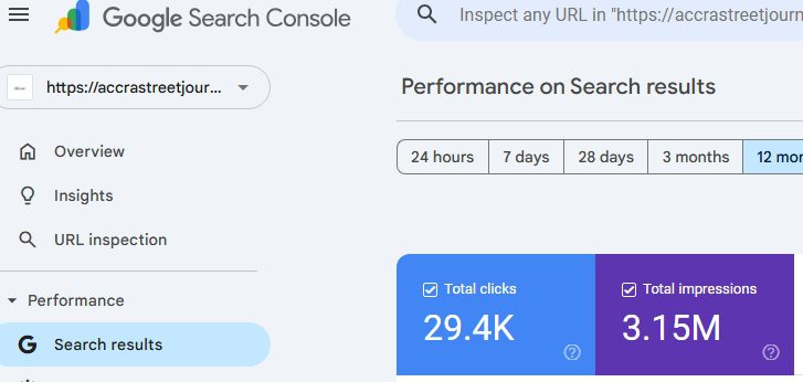 Google Search Console showing the 3.15M impressions and 29.4K clicks